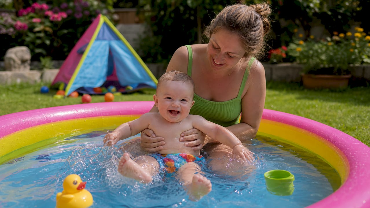 Gemeinsam mit der Mama genießt das Baby das warme Bad und plantscht fröhlich in der Wanne.