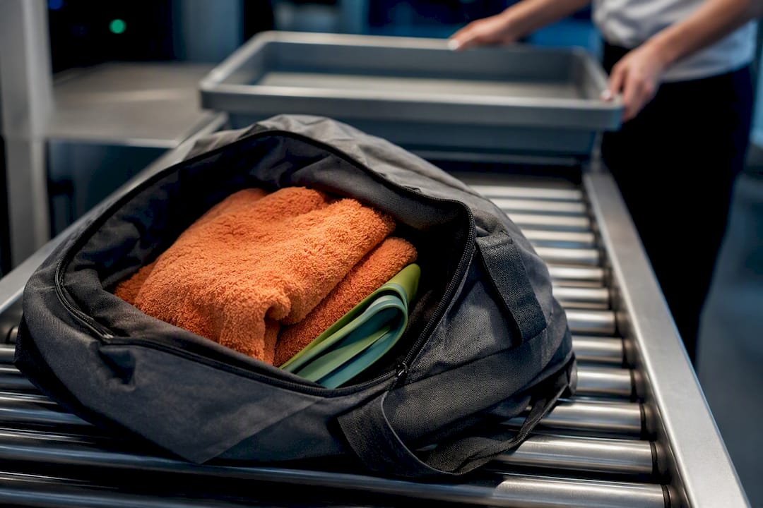 Gefaltete Schwimmhilfe im Handgepäck am Flughafen