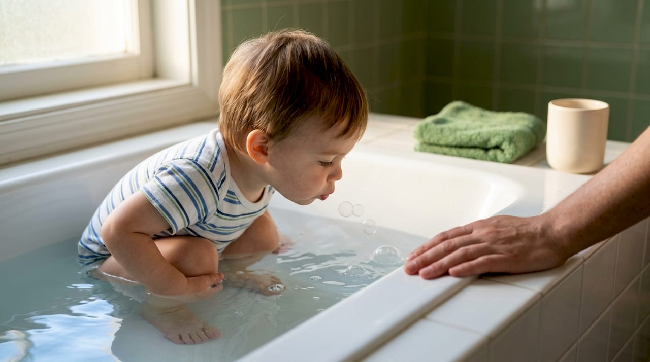 Kind pustet Blasen ins flache Badewasser