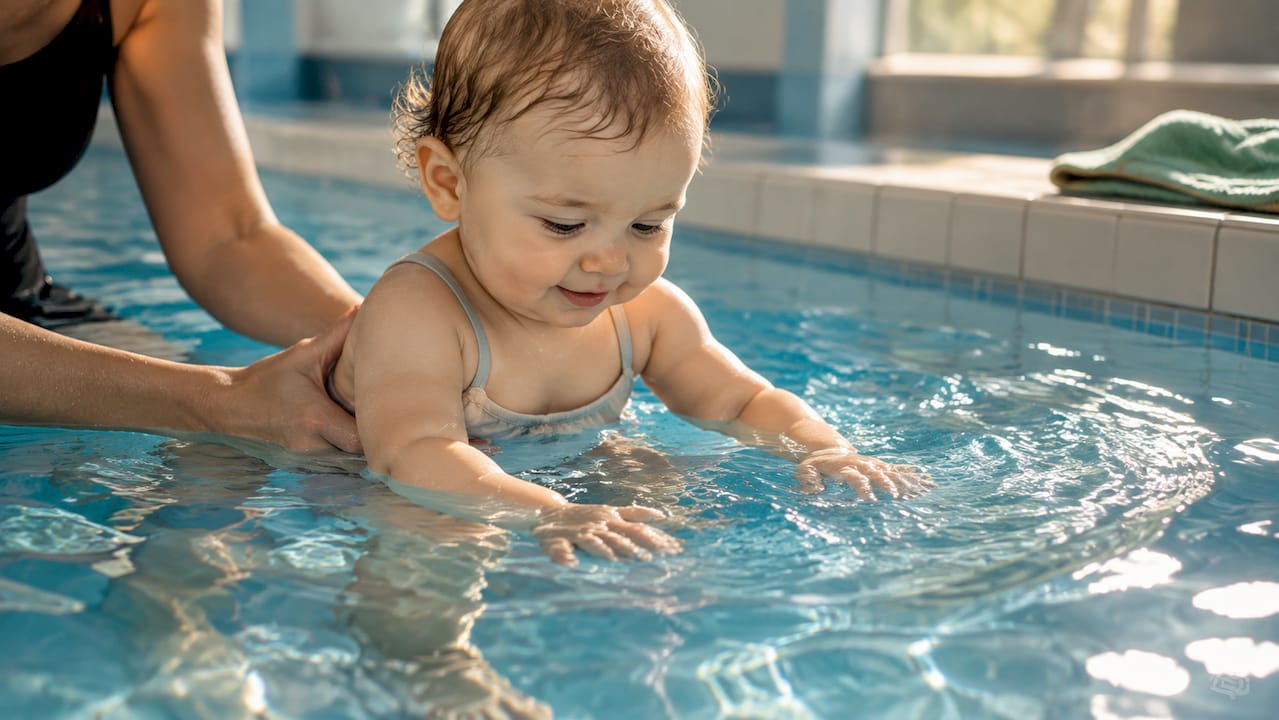 Baby erkundet Wasser gemeinsam mit einem Elternteil