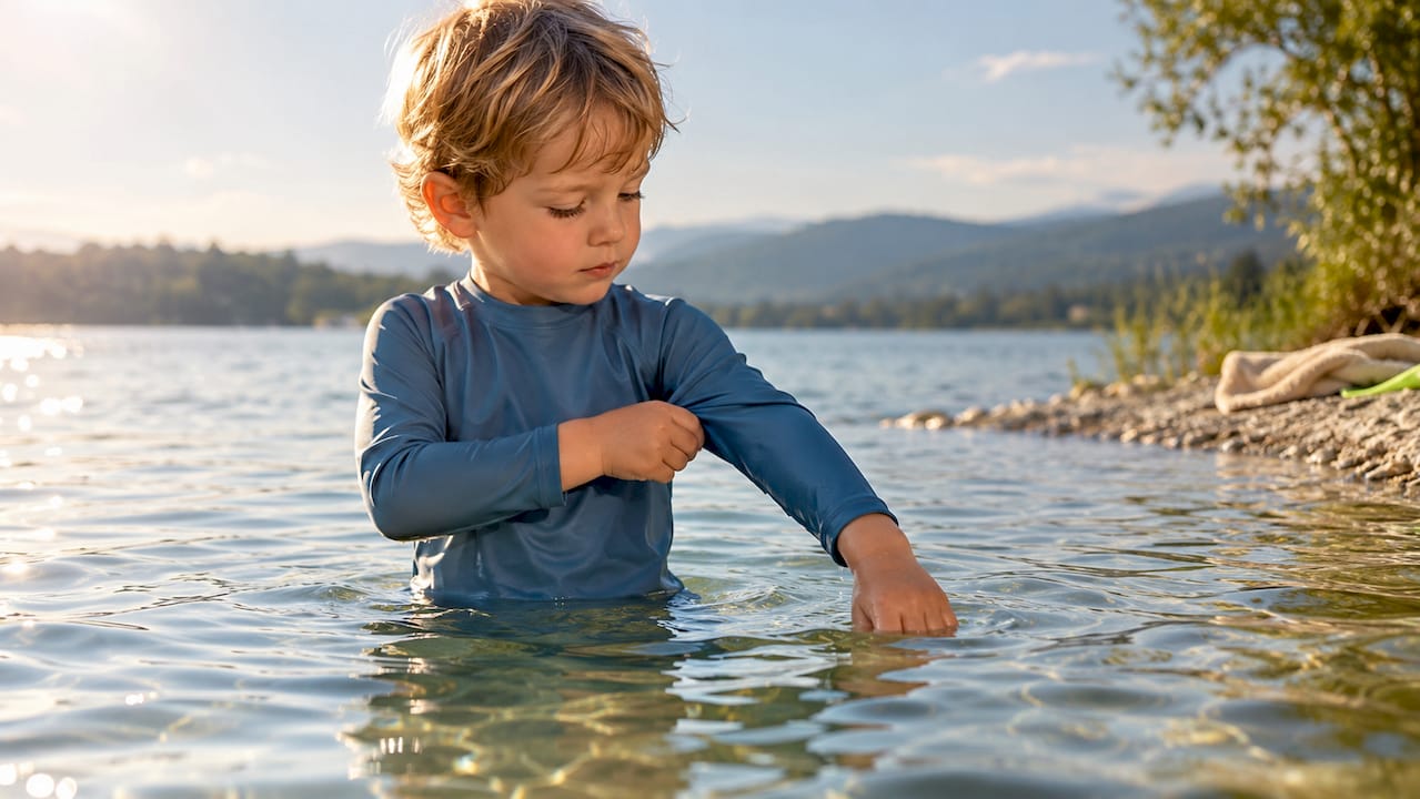 Kind mit langärmligem Badeshirt am See